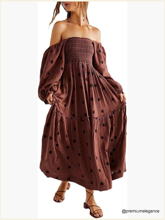 Dresses & Skirts - Floral Embroidered Maxi Dress Long Puff Sleeve Square Neck Boho with Pockets